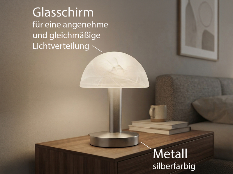 Tischleuchte Silber mit Glasschirm Weiß, Touch dimmbar mit E14 LED, Höhe 21cm