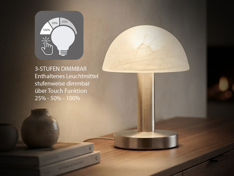 Tischleuchte Silber mit Glasschirm Weiß, Touch dimmbar mit E14 LED, Höhe 21cm