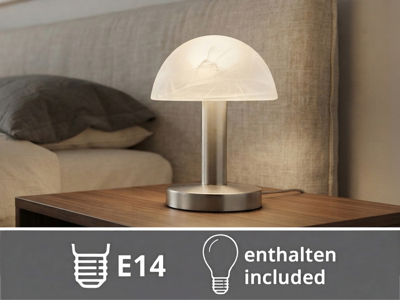 Tischleuchte Silber mit Glasschirm Weiß, Touch dimmbar mit E14 LED, Höhe 21cm