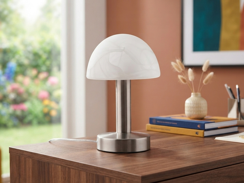 Tischleuchte Silber mit Glasschirm Weiß, Touch dimmbar mit E14 LED, Höhe 21cm