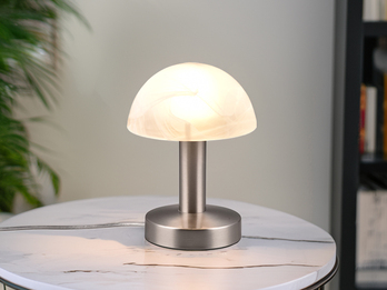 Tischleuchte Silber mit Glasschirm Weiß, Touch dimmbar mit E14 LED, Höhe 21cm