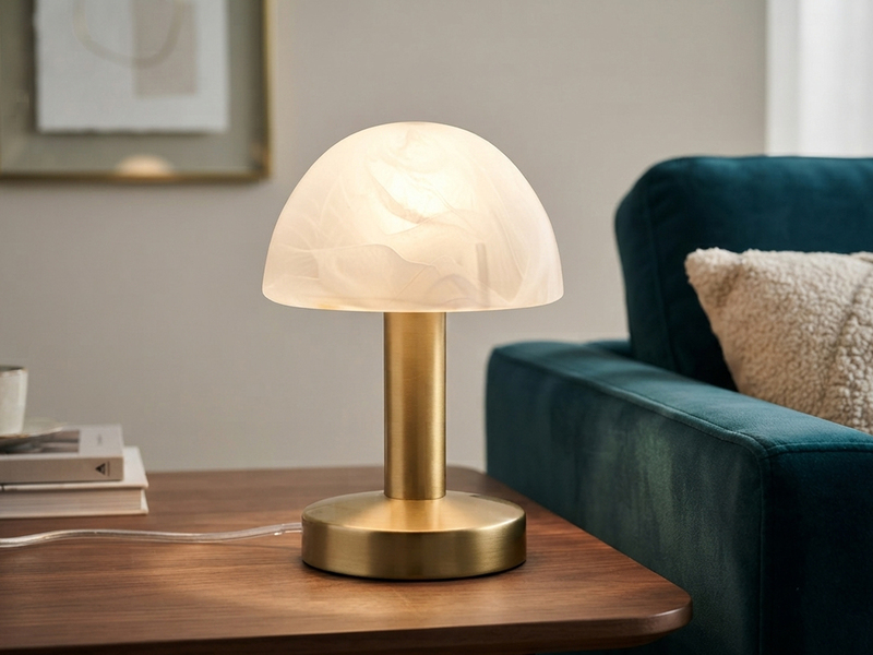 Tischleuchte Messing mit Glasschirm Weiß, Touch dimmbar mit E14 LED, Höhe 21cm
