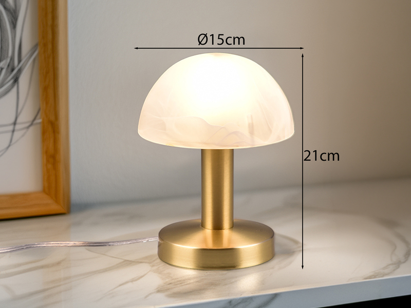 Tischleuchte Messing mit Glasschirm Weiß, Touch dimmbar mit E14 LED, Höhe 21cm