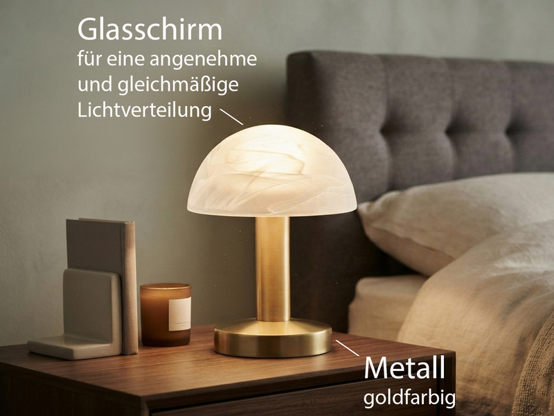 Tischleuchte Messing mit Glasschirm Weiß, Touch dimmbar mit E14 LED, Höhe 21cm