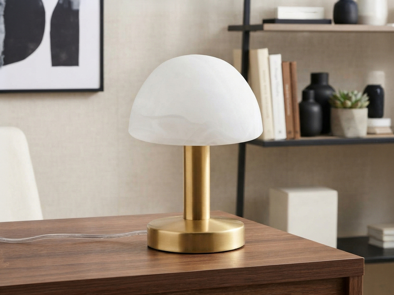 Tischleuchte Messing mit Glasschirm Weiß, Touch dimmbar mit E14 LED, Höhe 21cm