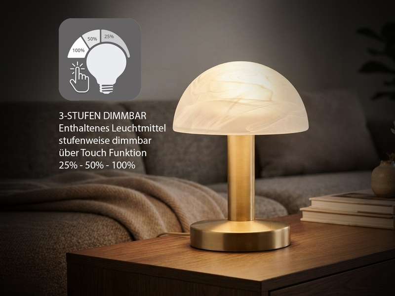 Tischleuchte Messing mit Glasschirm Weiß, Touch dimmbar mit E14 LED, Höhe 21cm