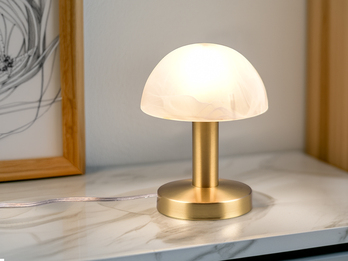 Tischleuchte Messing mit Glasschirm Weiß, Touch dimmbar mit E14 LED, Höhe 21cm