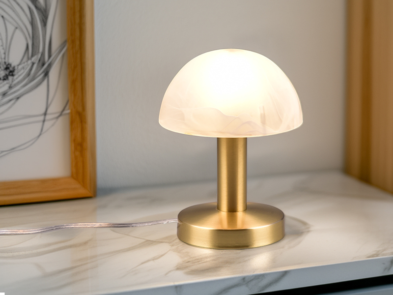 Tischleuchte Messing mit Glasschirm Weiß, Touch dimmbar mit E14 LED, Höhe 21cm
