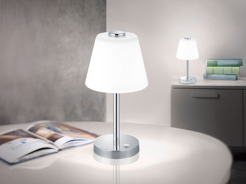 LED Tischleuchte EMERALD Chrom glänzend mit Glaslampenschirm in Weiß, Höhe 29cm