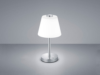LED Tischleuchte EMERALD Chrom glänzend mit Glaslampenschirm in weiss Höhe 29cm