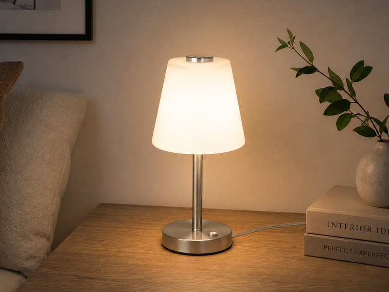 LED Tischleuchte EMERALD Silber matt, Glaslampenschirm Weiß, Höhe 29cm