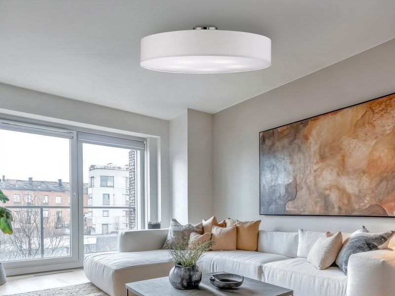 Große LED Deckenleuchte mit Stoffschirm in Weiß Ø 65cm