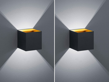 Moderne up & down LED Wandleuchten 2er Set Kubus  schwarz matt/ gold, 10x10x10cm