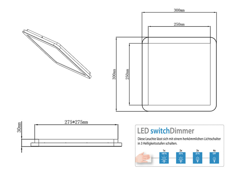 Eckige LED Deckenleuchte 30x30cm chromfarben mit Kristalleffekt & Switch Dimmer