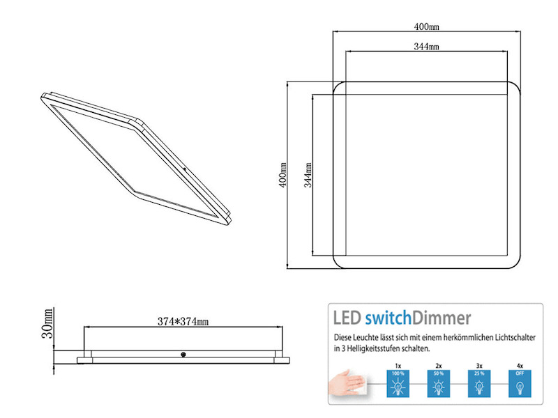 Eckige LED Deckenleuchte 40x40cm chromfarben mit Kristalleffekt & Switch Dimmer