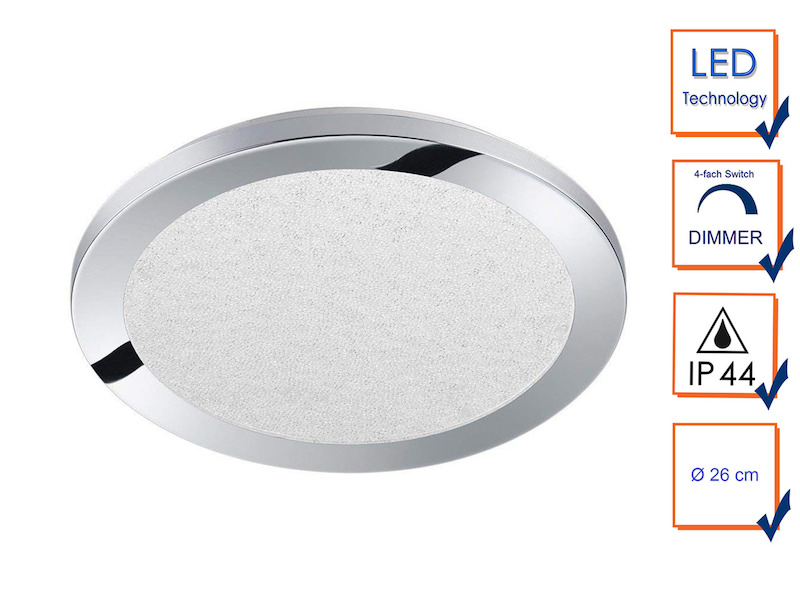 Dimmbare Bad LED Deckenleuchte Chromfarben mit Kristalleffekt Ø 26cm
