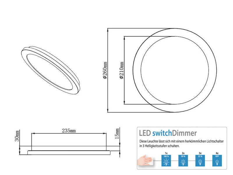 Runde LED Deckenleuchte Ø26 cm chromfarben mit Kristalleffekt & Switch Dimmer