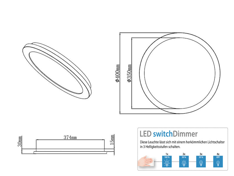 Runde LED Deckenleuchte CESAR mit Kristalleffekt & Switch Dimmer, Ø40cm