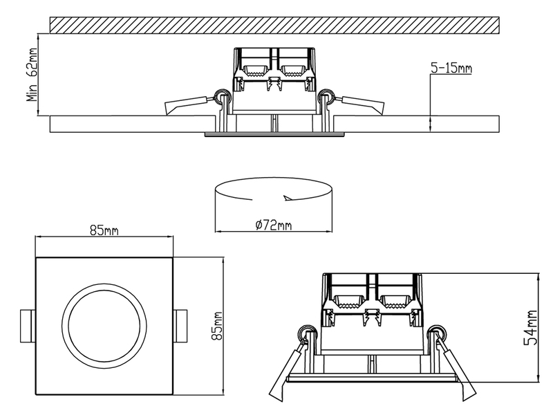 4er SET IP65 LED Deckeneinbaustrahler Silber Chrom eckig, dimmbar, 8,5cm