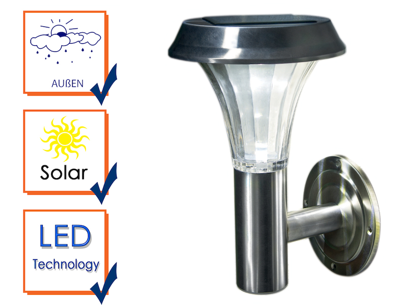 LED Solar Außenwandleuchte aus Edelstahl, IP44, silber