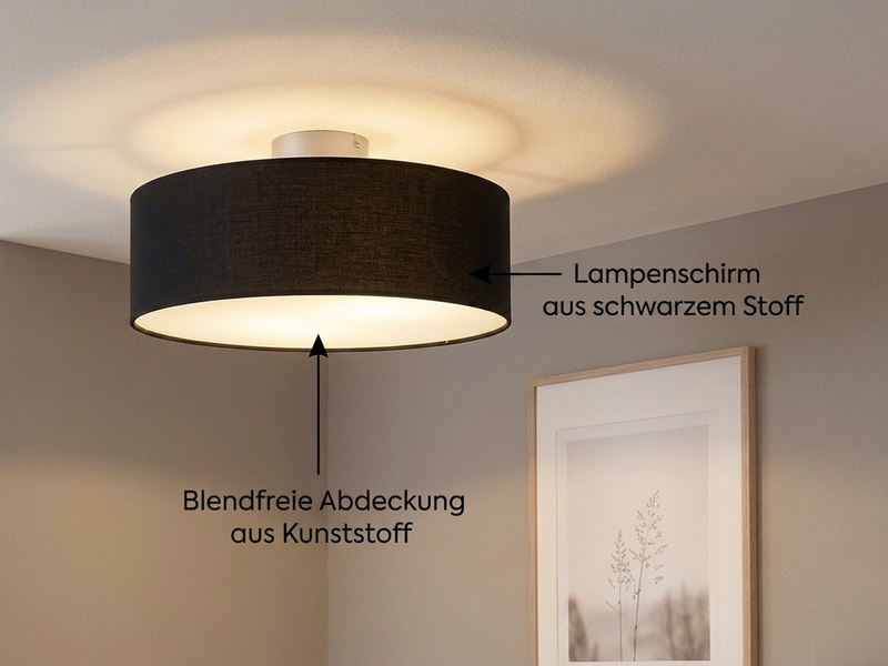 Runde zeitlose Deckenleuchte CALMA mit Stoffschirm in Schwarz Ø 40cm
