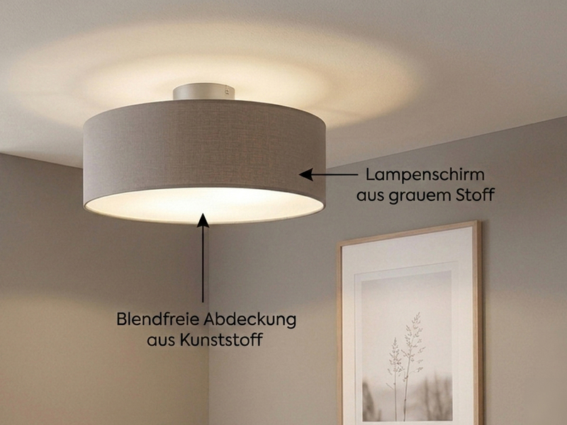 Runde zeitlose Deckenleuchte CALMA mit Stoffschirm in Braun-Grau Ø 40cm