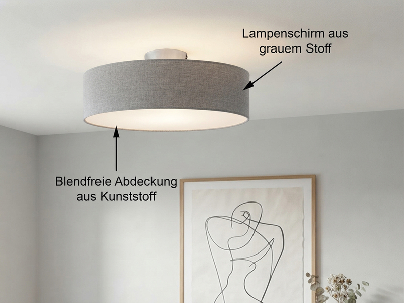 Runde zeitlose Deckenleuchte CALMA mit Stoffschirm in Grau Ø 40cm