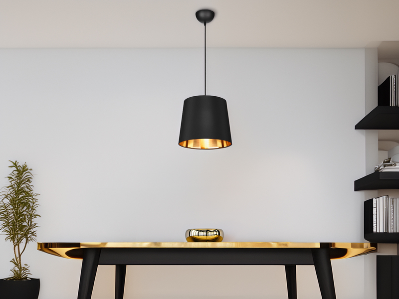 Pendelleuchte LAUREA 1-flammig mit Stoff-Schirm Schwarz Gold, Ø 30cm