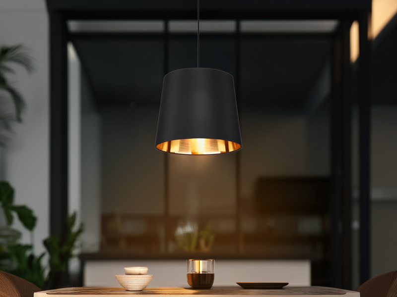 Pendelleuchte LAUREA 1-flammig mit Stoff-Schirm Schwarz Gold, Ø 30cm