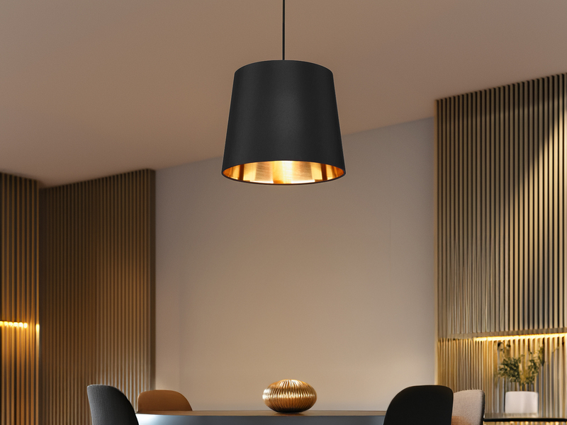Pendelleuchte LAUREA 1-flammig mit Stoff-Schirm Schwarz Gold, Ø 30cm