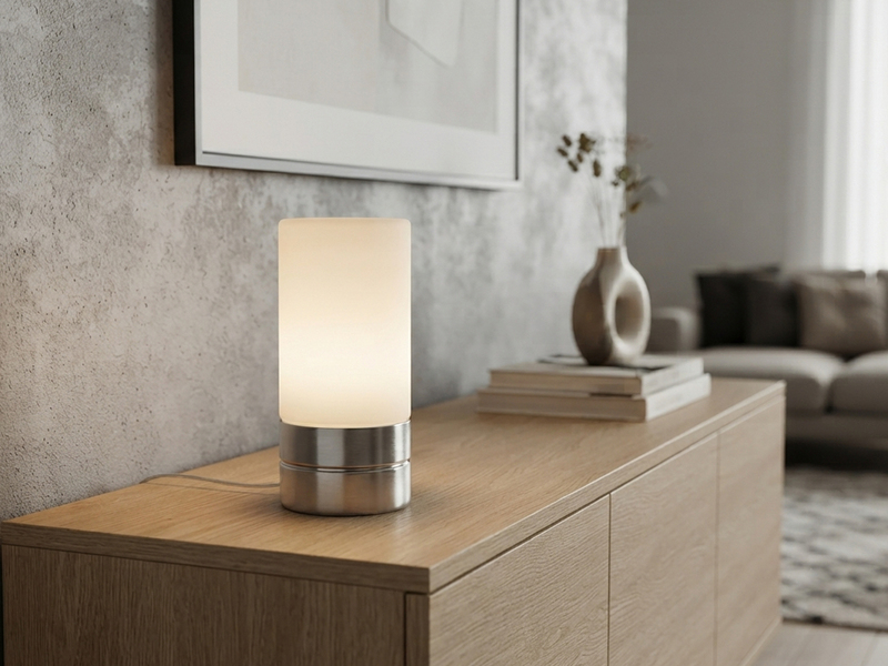 Kleine Tischlampe SARNO mit Touch Dimmer und E14 Glasschirm, Höhe 20cm