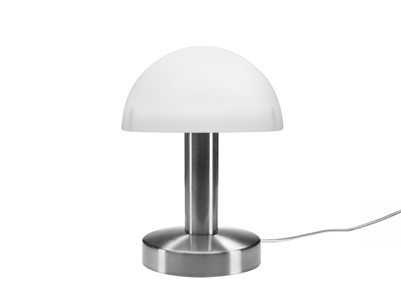 Kleine Tischlampe WARIN mit E14 Glasschirm Weiß per Touch dimmbar, Höhe 21cm