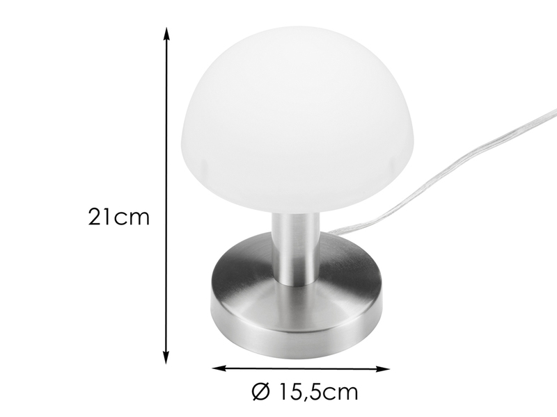 Kleine Tischlampe WARIN mit E14 Glasschirm Weiß per Touch dimmbar, Höhe 21cm
