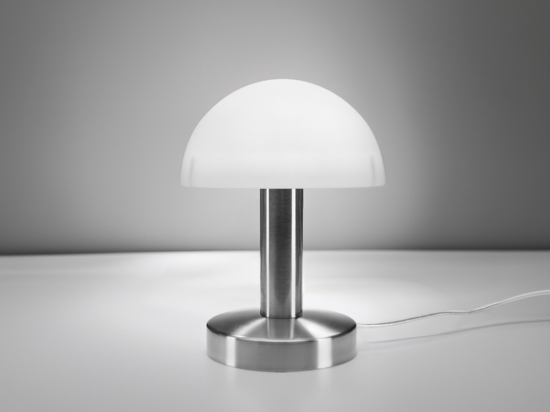 Kleine Tischlampe WARIN mit E14 Glasschirm Weiß per Touch dimmbar, Höhe 21cm