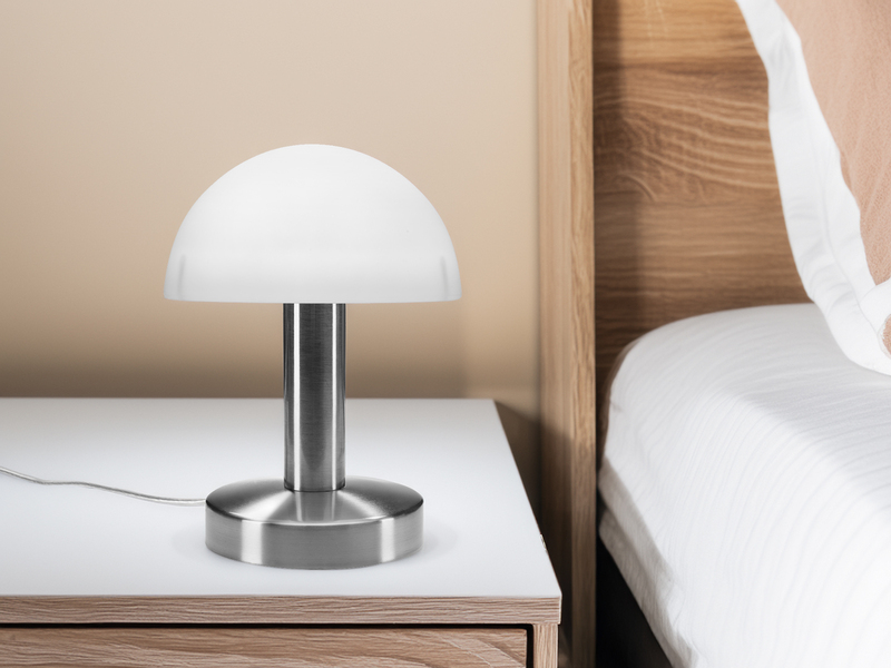 Kleine Tischlampe WARIN mit E14 Glasschirm Weiß per Touch dimmbar, Höhe 21cm