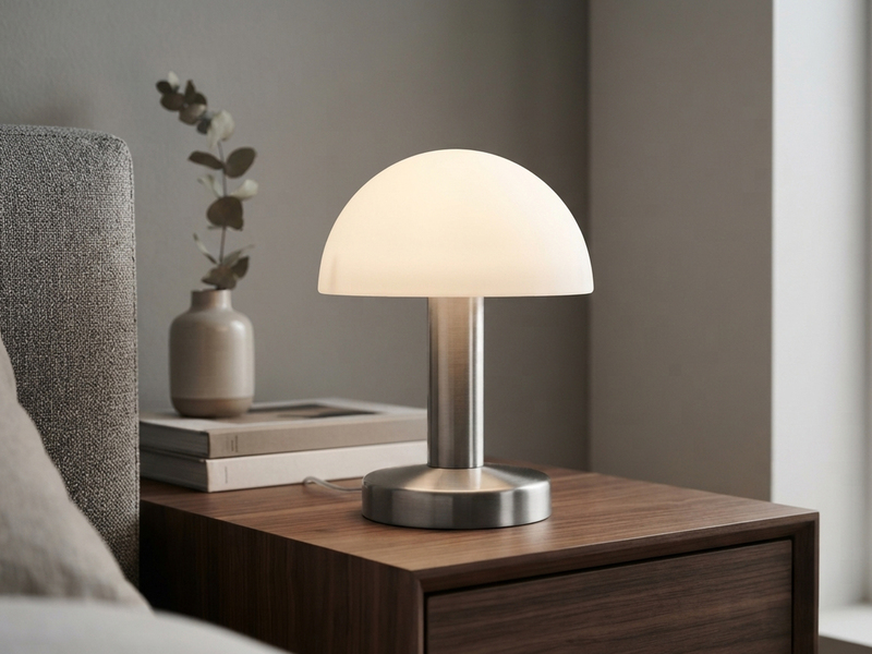 Kleine Tischlampe WARIN mit E14 Glasschirm Weiß per Touch dimmbar, Höhe 21cm