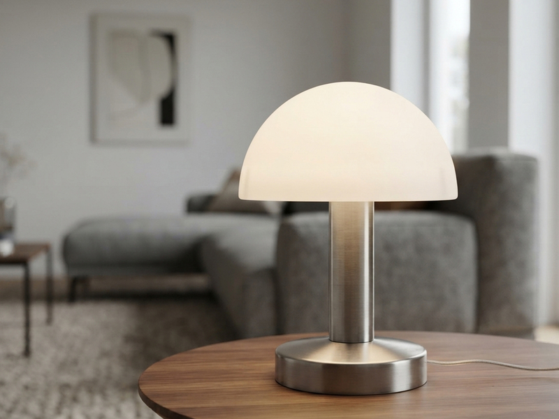 Kleine Tischlampe WARIN mit E14 Glasschirm Weiß per Touch dimmbar, Höhe 21cm