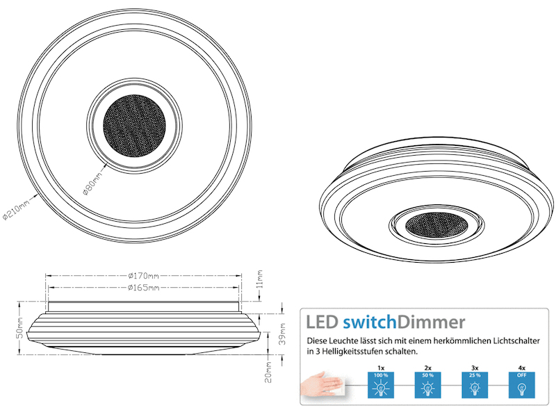 Runde LED Deckenleuchte Ø 21cm weiß mit Sternhimmel-Effekt und Switch Dimmer