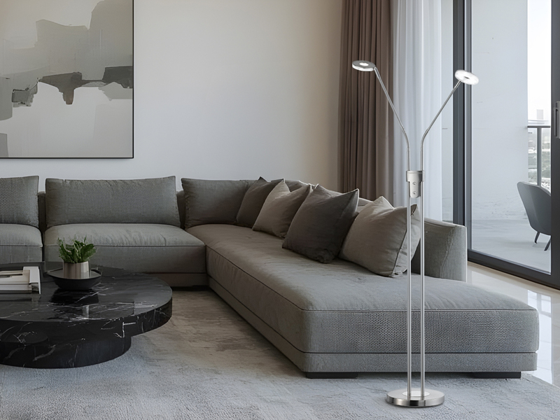 LED Stehlampe DENT Silber 2-flammig mit Dimmer, Höhe 150cm
