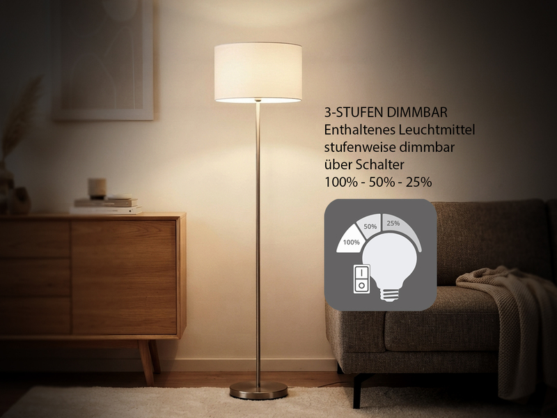 Klassische Stehlampe mit Stoffschirm Weiß & E27 LED, Höhe 160cm