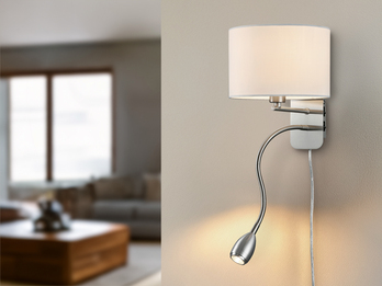 LED Wandleuchte mit Leselampe, Schalter & Stecker, Stoffschirm Weiß, Höhe 23,5cm