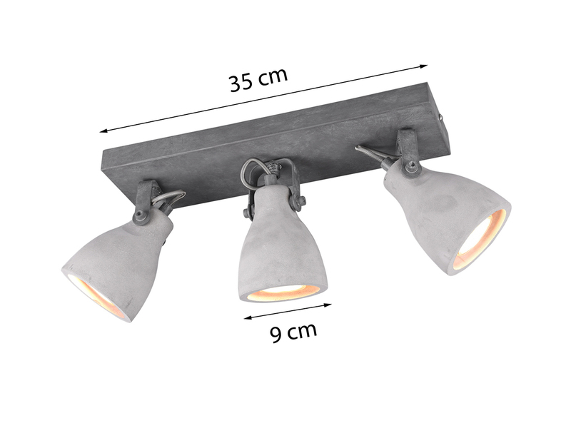 Retro LED Deckenstrahler 3-flammig mit Beton-Lampenschirmen, Breite 35cm