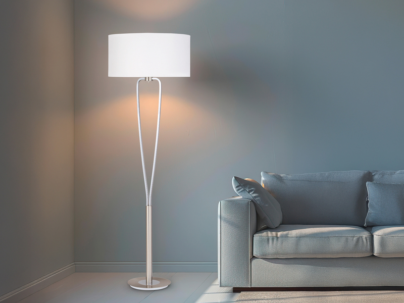 Designer Stehleuchte PARIS II Silber mit Stoffschirm Weiß, Höhe 160cm