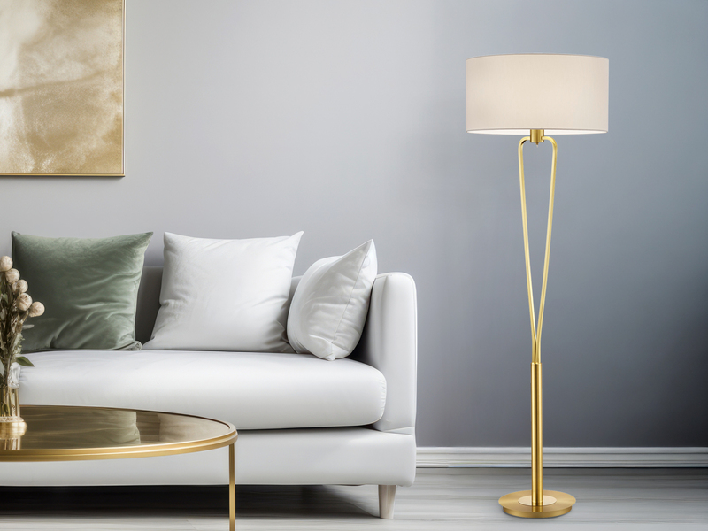Designer Stehleuchte PARIS II Messing mit Stoffschirm Weiß, Höhe 160cm