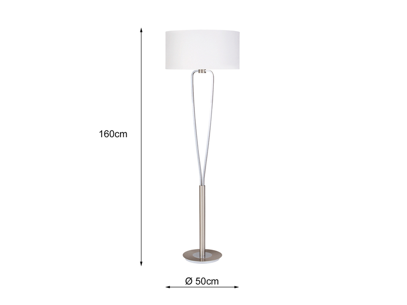 Designer LED Stehleuchte Silber mit Stoffschirm Weiß, Höhe 160cm