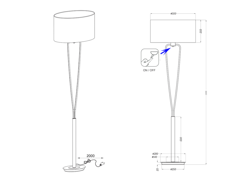 Designer LED Stehleuchte Messing mit Stoffschirm Weiß, Höhe 160cm