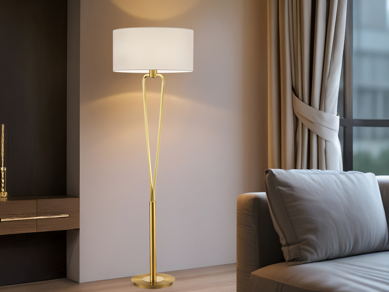 Designer LED Stehleuchte Messing mit Stoffschirm Weiß, Höhe 160cm
