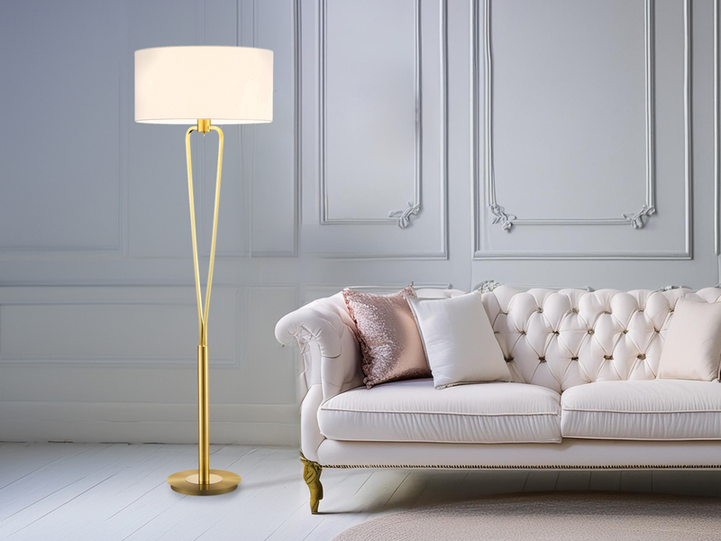 Klassische Stehlampe Messing & Stoff Lampenschirm Weiß mit E27 LED, Höhe 160cm