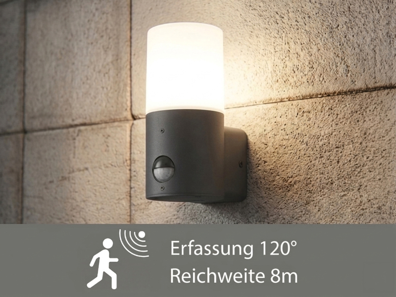 Außenwandleuchte HOOSIC mit Bewegungsmelder in Anthrazit E27, Höhe 17,5cm