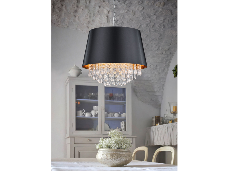 LED Pendelleuchte mit Stoffschirm Schwarz Gold & Kristall Ø 50cm